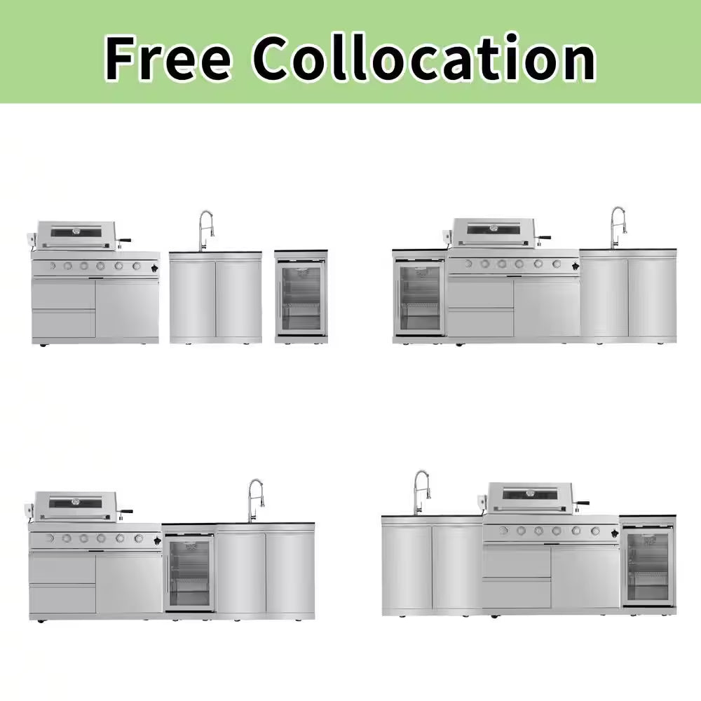 46 In. 4-Burner 72,000 BTU Stainless Steel Outdoor Kitchen BBQ Grill Island, Wine Refrigerator, Rotisserie, in Sliver