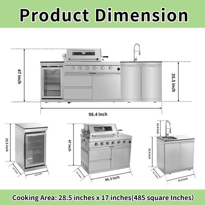 46 In. 4-Burner 72,000 BTU Stainless Steel Outdoor Kitchen BBQ Grill Island, Wine Refrigerator, Rotisserie, in Sliver