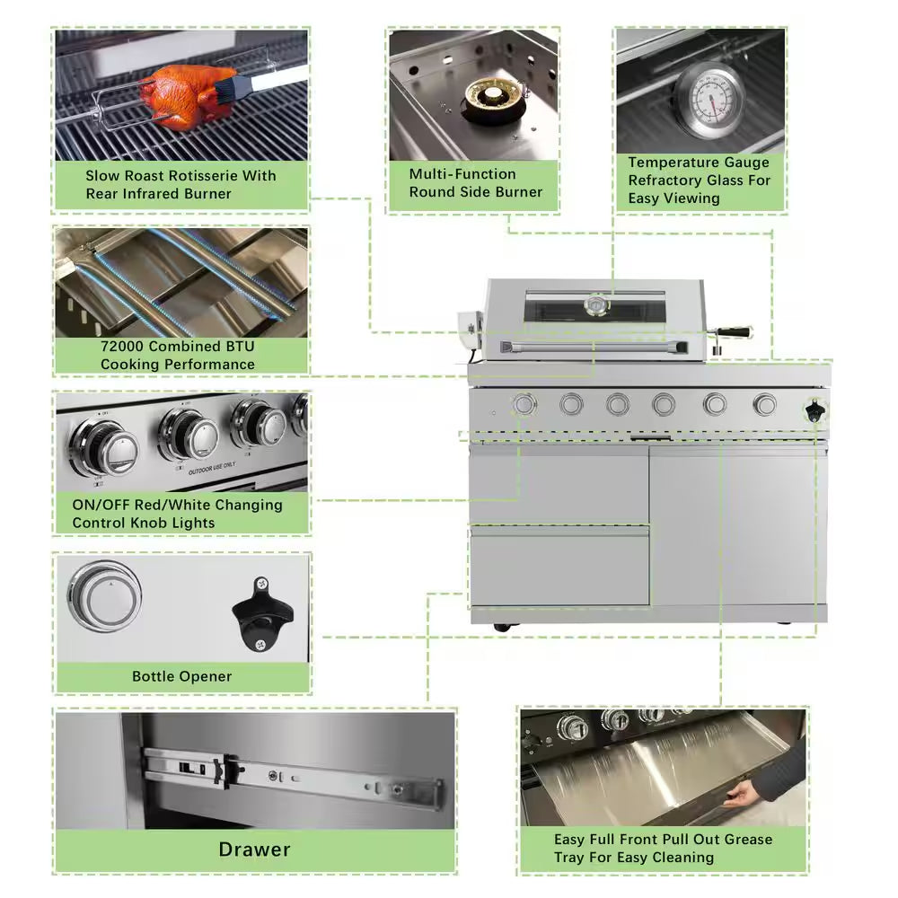 46 In. 4-Burner 72,000 BTU Stainless Steel Outdoor Kitchen BBQ Grill Island, Wine Refrigerator, Rotisserie, in Sliver