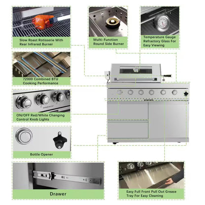 46 In. 4-Burner 72,000 BTU Stainless Steel Outdoor Kitchen BBQ Grill Island, Wine Refrigerator, Rotisserie, in Sliver