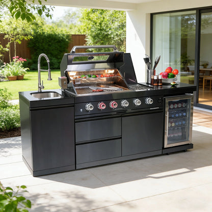 Daheet Outdoor Kitchen Island Black Stainless Steel with Sink & 46-Inch 4-Burner 72000 BTU Grill, Wine Cooler, Refrigerator, Rotisserie Kit & Granite Countertops