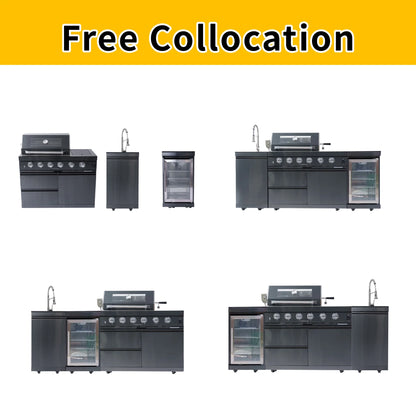 Daheet Outdoor Kitchen Island Black Stainless Steel with Sink & 46-Inch 4-Burner 72000 BTU Grill, Wine Cooler, Refrigerator, Rotisserie Kit & Granite Countertops