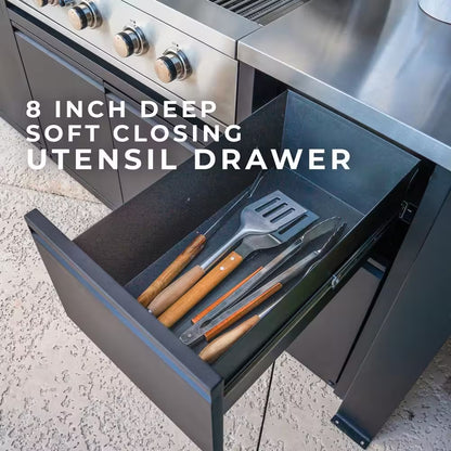 Fusion Flame 5-Burner Propane Gas Grill Island with Rotisserie and Outdoor Rated Refrigerator in Stainless Steel