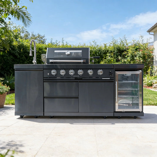 Daheet Outdoor Kitchen Island Black Stainless Steel with Sink & 46-Inch 4-Burner 72000 BTU Grill, Wine Cooler, Refrigerator, Rotisserie Kit & Granite Countertops