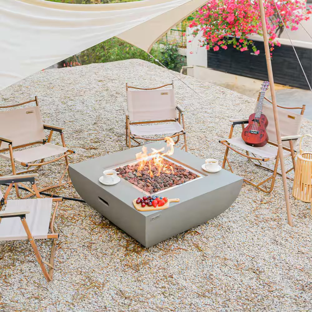 Westport 34 In. X 14 In. Grey round Concrete Propane Pit Table with Electronic Ignition Cover and Lava Rock