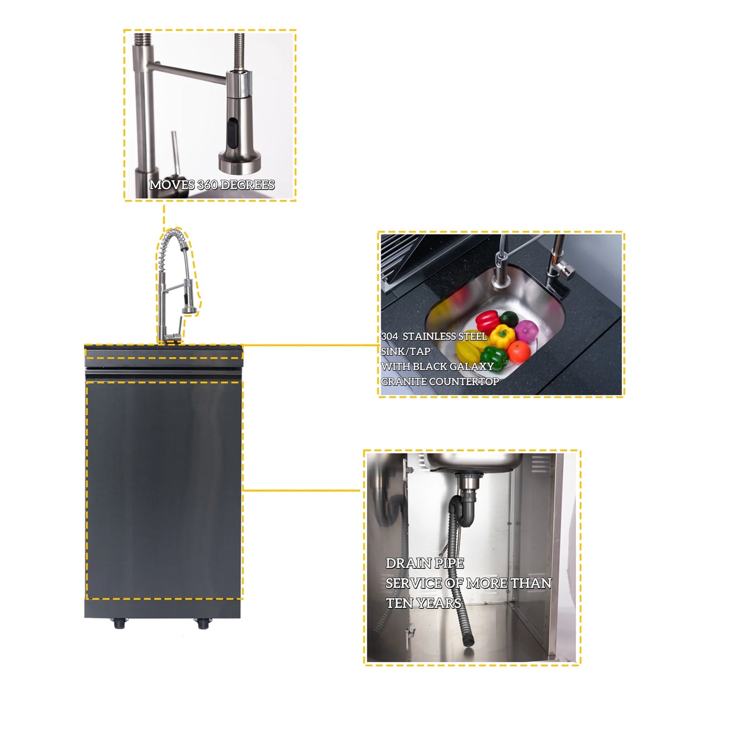 Daheet Outdoor Kitchen Island Black Stainless Steel with Sink & 46-Inch 4-Burner 72000 BTU Grill, Wine Cooler, Refrigerator, Rotisserie Kit & Granite Countertops