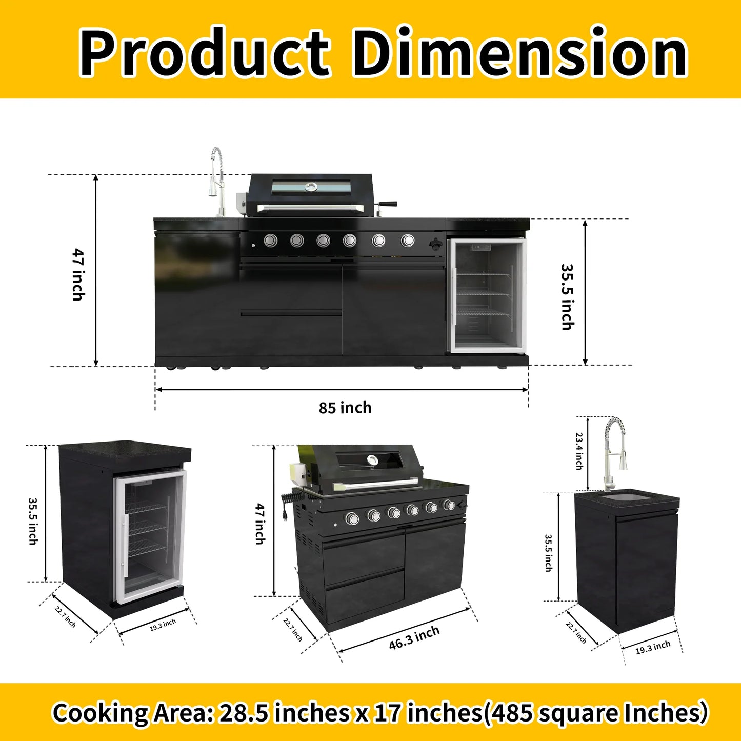 Daheet Outdoor Kitchen Island Black Stainless Steel with Sink & 46-Inch 4-Burner 72000 BTU Grill, Wine Cooler, Refrigerator, Rotisserie Kit & Granite Countertops