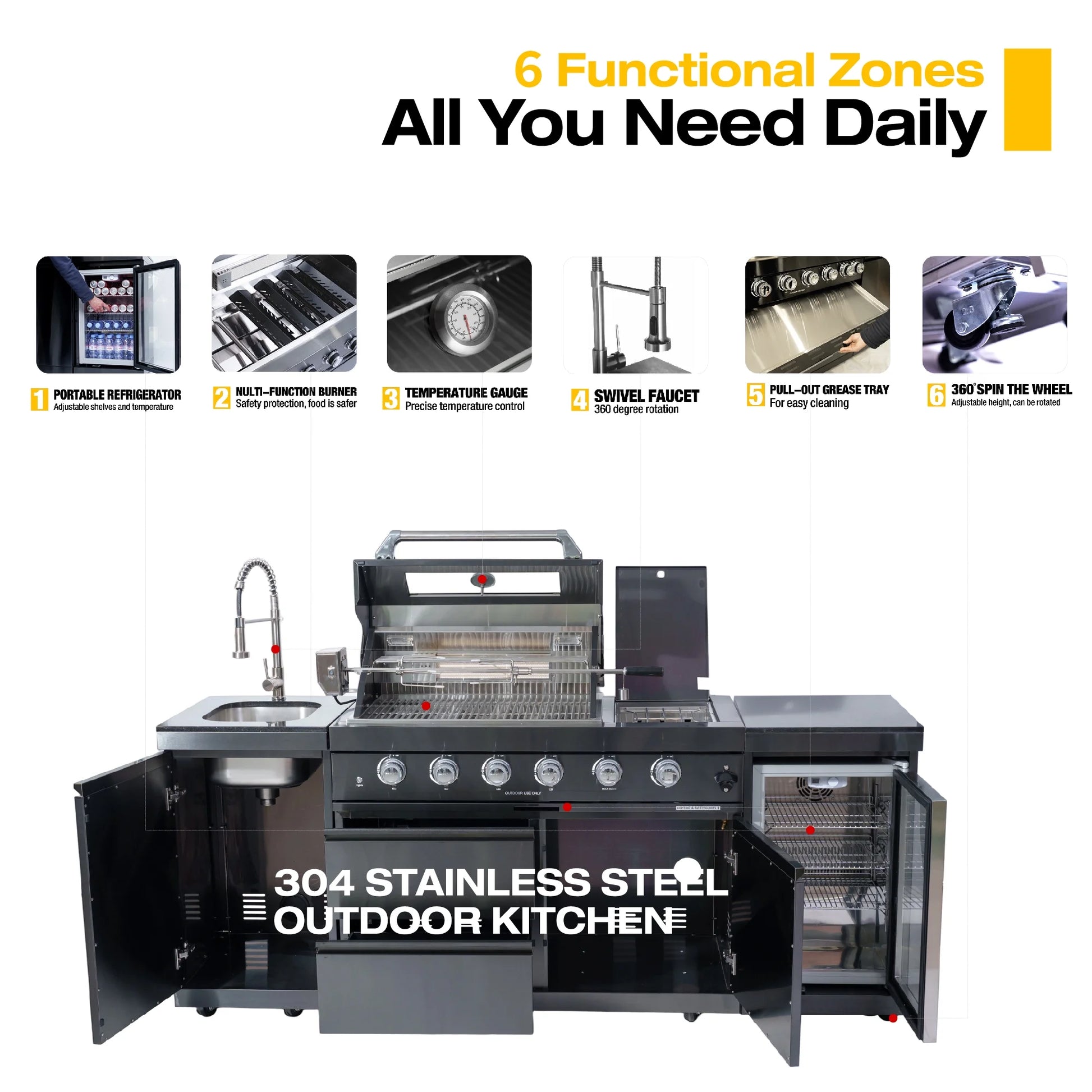 Daheet Outdoor Kitchen Island Black Stainless Steel with Sink & 46-Inch 4-Burner 72000 BTU Grill, Wine Cooler, Refrigerator, Rotisserie Kit & Granite Countertops