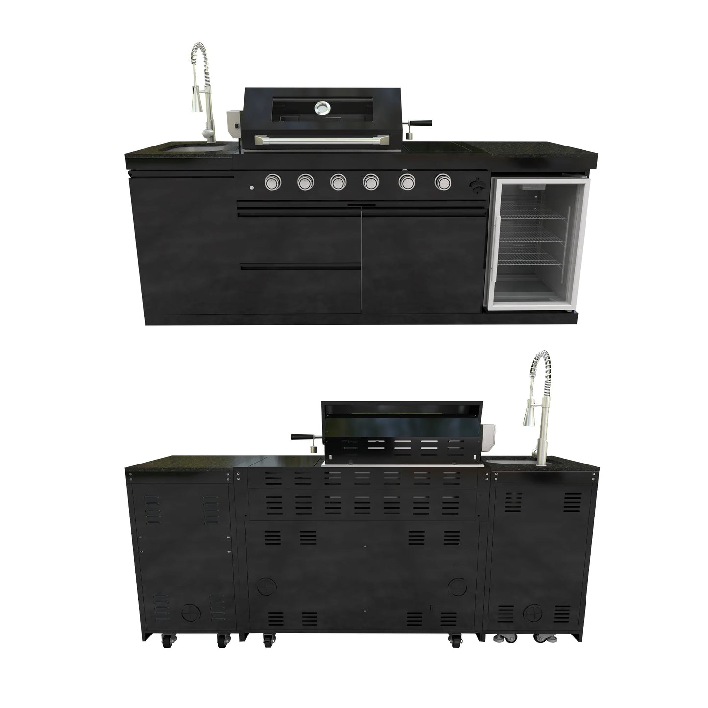 Daheet Outdoor Kitchen Island Black Stainless Steel with Sink & 46-Inch 4-Burner 72000 BTU Grill, Wine Cooler, Refrigerator, Rotisserie Kit & Granite Countertops