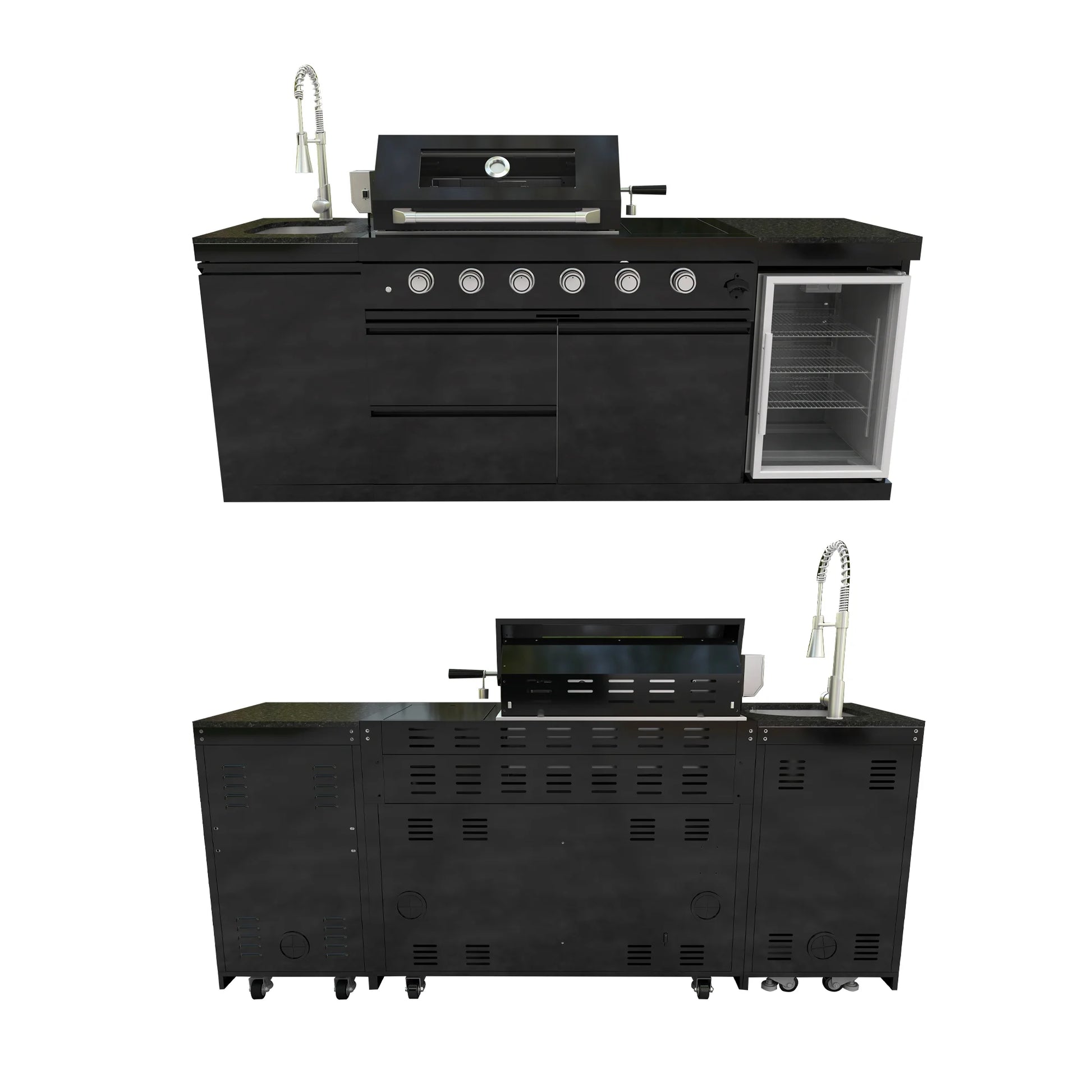 Daheet Outdoor Kitchen Island Black Stainless Steel with Sink & 46-Inch 4-Burner 72000 BTU Grill, Wine Cooler, Refrigerator, Rotisserie Kit & Granite Countertops