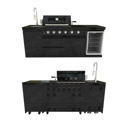 Daheet Outdoor Kitchen Island Black Stainless Steel with Sink & 46-Inch 4-Burner 72000 BTU Grill, Wine Cooler, Refrigerator, Rotisserie Kit & Granite Countertops