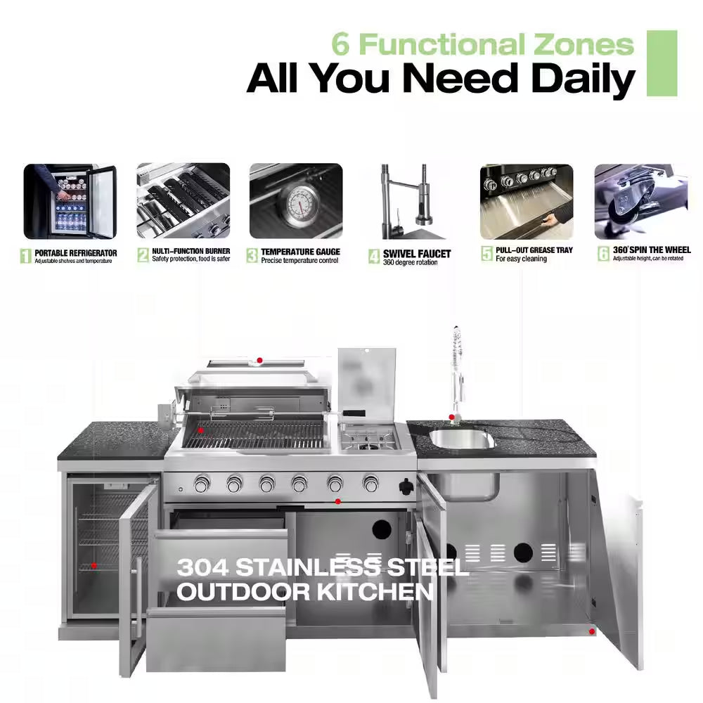 46 In. 4-Burner 72,000 BTU Stainless Steel Outdoor Kitchen BBQ Grill Island, Wine Refrigerator, Rotisserie, in Sliver