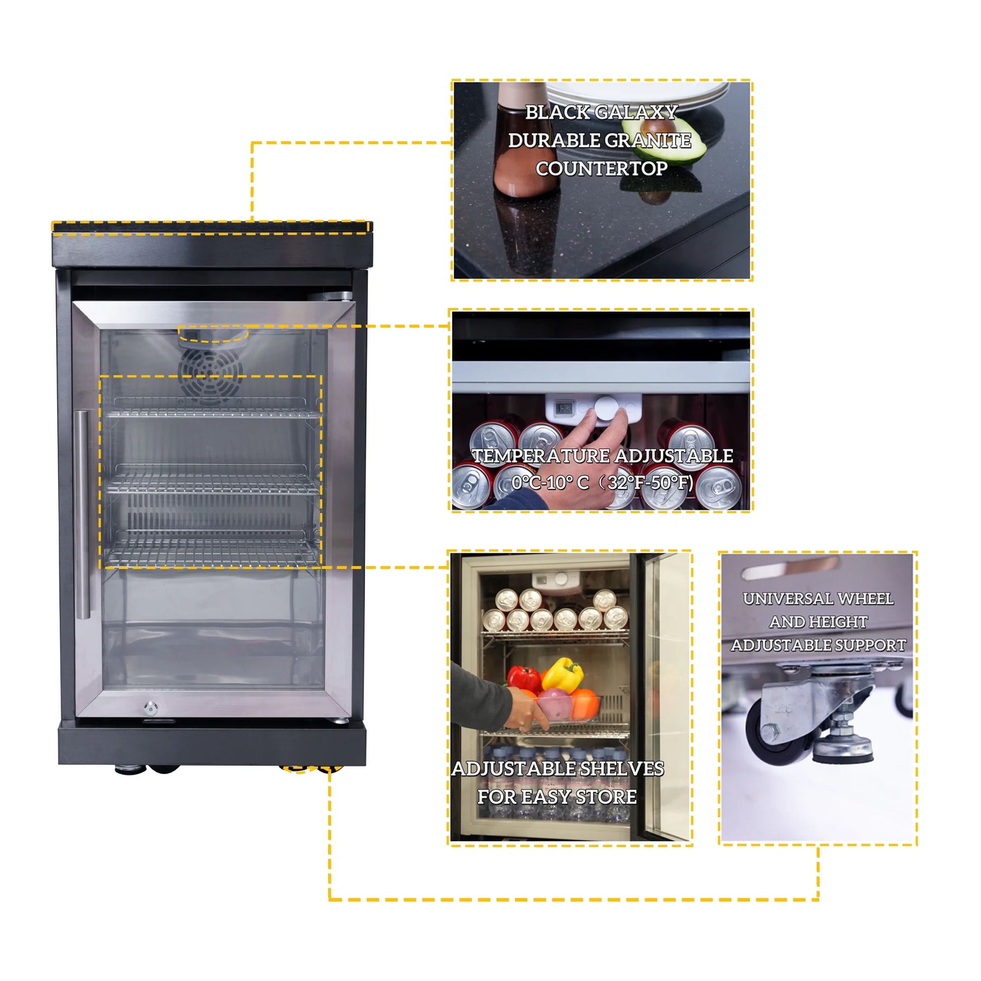 Daheet Outdoor Kitchen Island Black Stainless Steel with Sink & 46-Inch 4-Burner 72000 BTU Grill, Wine Cooler, Refrigerator, Rotisserie Kit & Granite Countertops