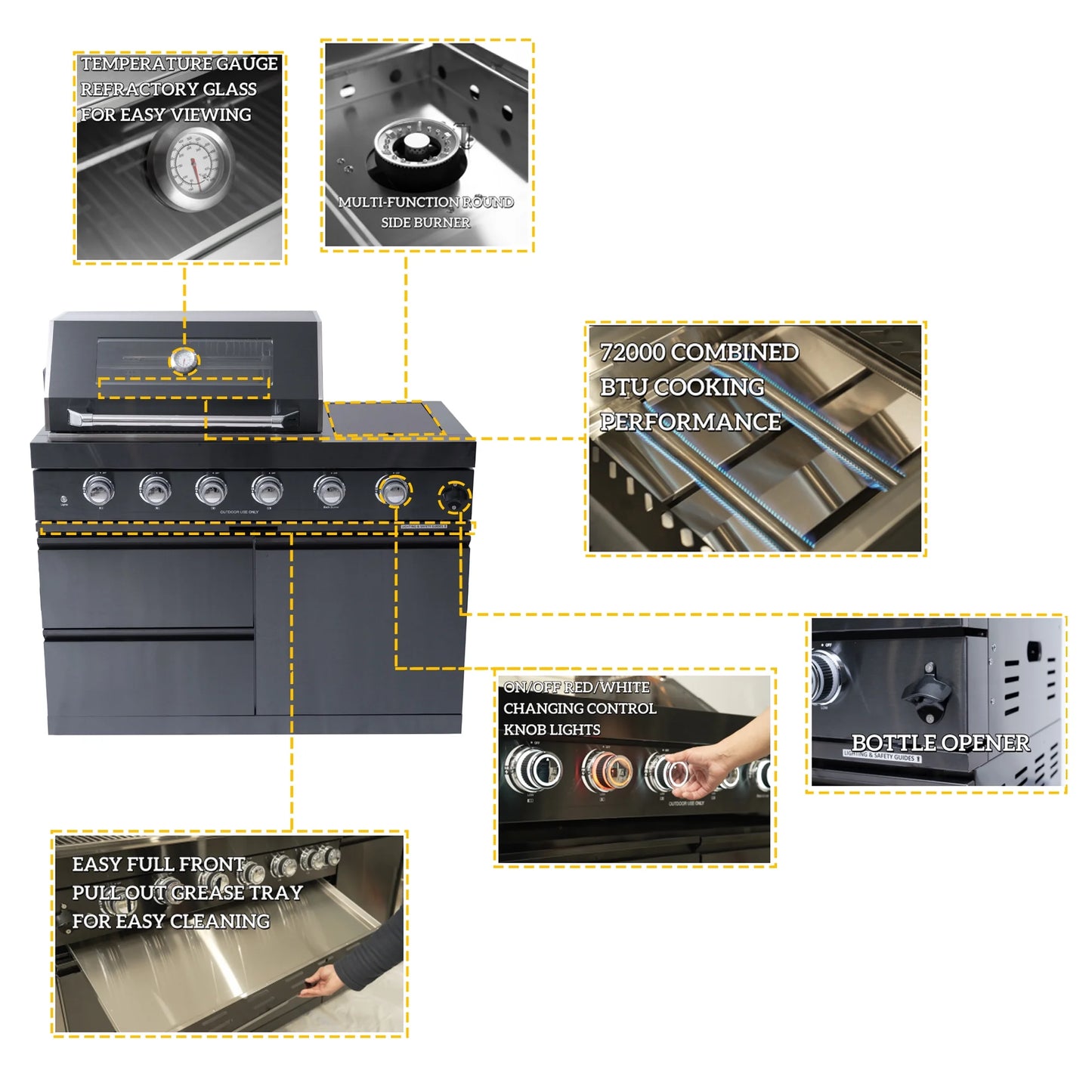 Daheet Outdoor Kitchen Island Black Stainless Steel with Sink & 46-Inch 4-Burner 72000 BTU Grill, Wine Cooler, Refrigerator, Rotisserie Kit & Granite Countertops