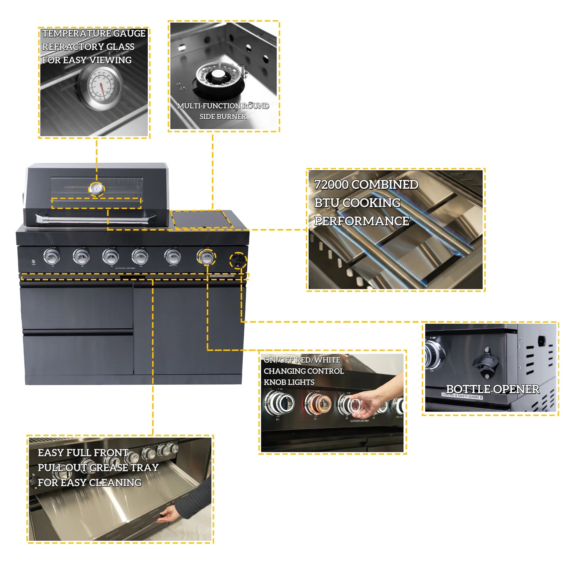 Daheet Outdoor Kitchen Island Black Stainless Steel with Sink & 46-Inch 4-Burner 72000 BTU Grill, Wine Cooler, Refrigerator, Rotisserie Kit & Granite Countertops