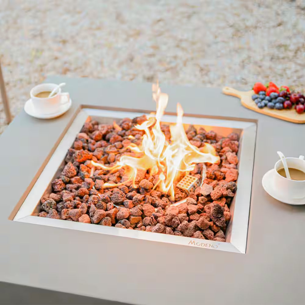 Westport 34 In. X 14 In. Grey round Concrete Propane Pit Table with Electronic Ignition Cover and Lava Rock